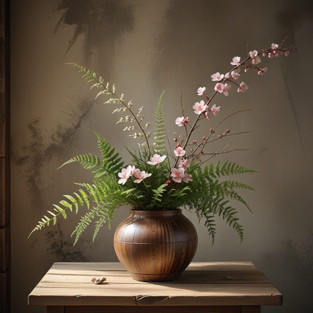 Vibrant Ikebana Arrangement in Watercolor Style