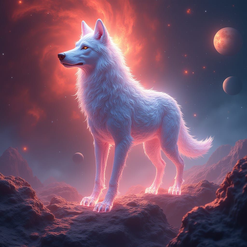 Glass Wolf Rises Amidst Crimson Cosmos