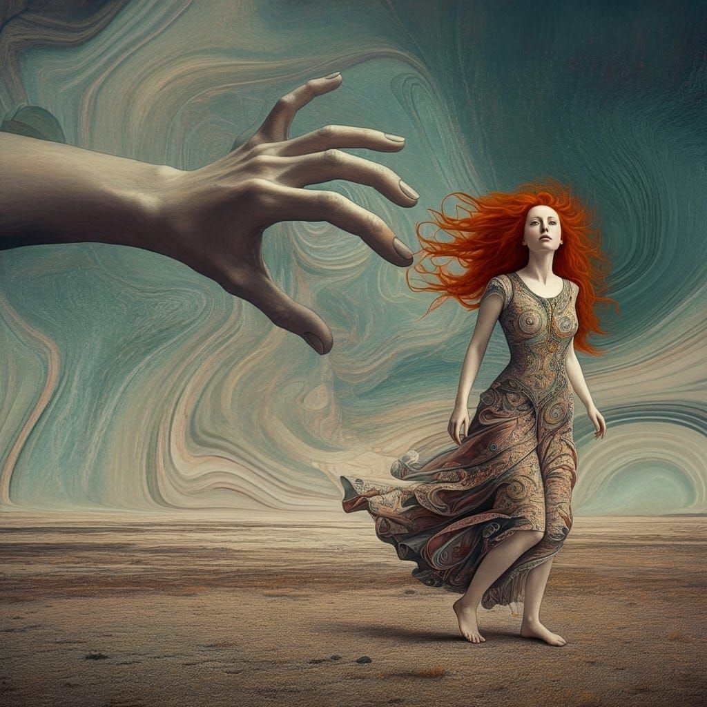 Surreal Desert: Giant Hand and Redhead in Dreamscape