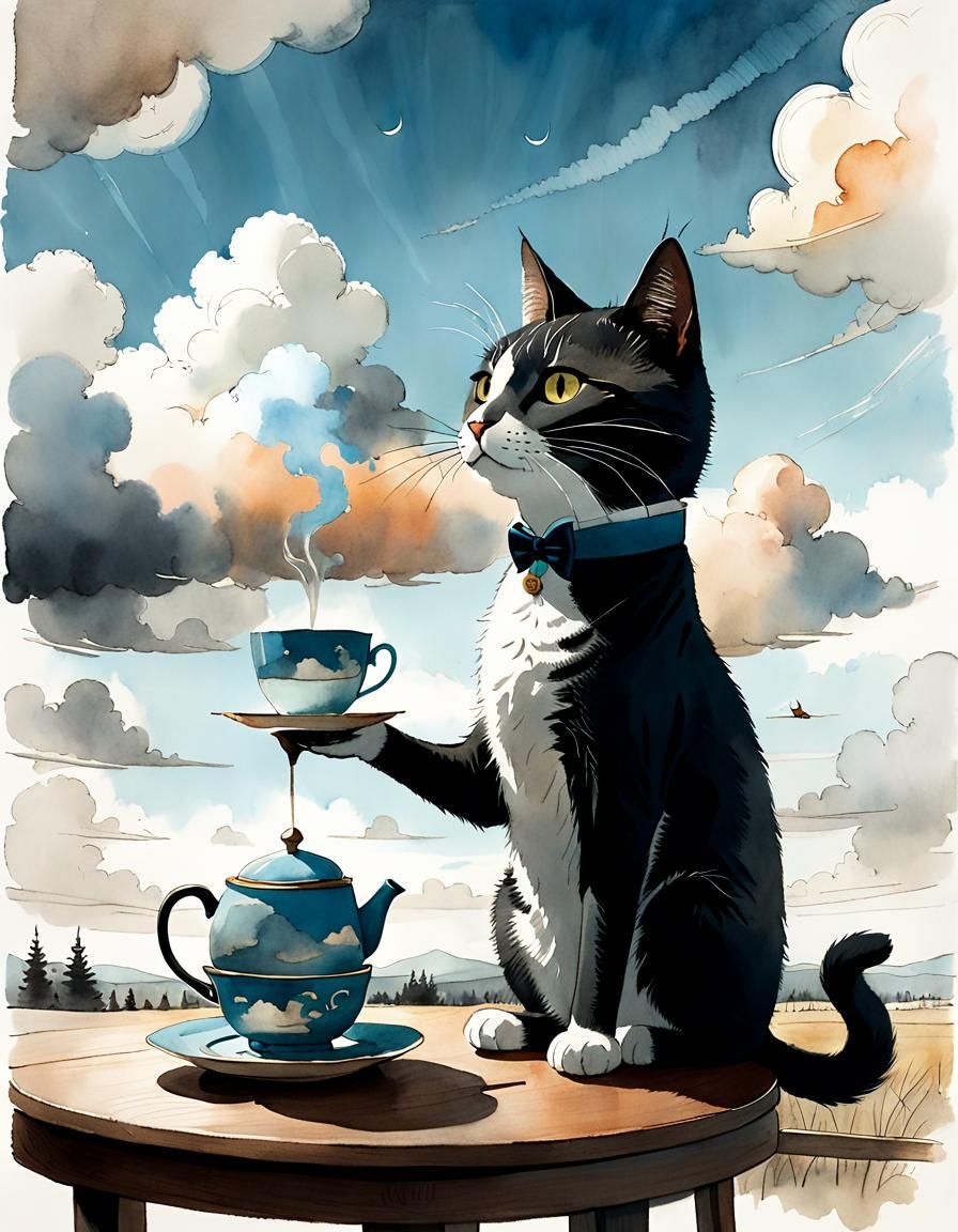 Gentleman Cat Having Tea: Pencil Sketch and Watercolor