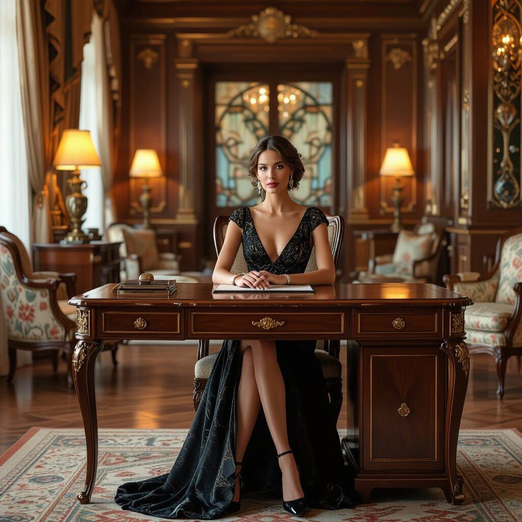 Elegant Woman at Desk, Mucha Style