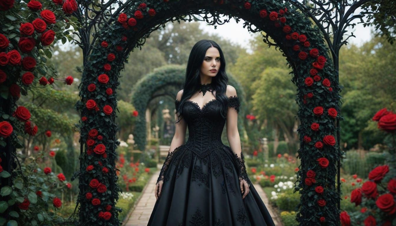 Gothic Victoria Woman in Red and Black Garden Arch