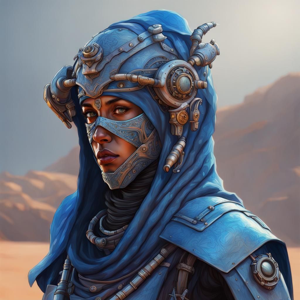 Blue Veiled Tuareg Mech Warrior in Hyperreal Style