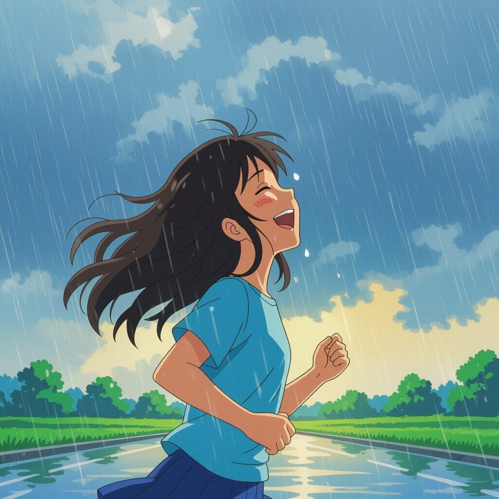 Anime Girl Laughing in Stormy Rain