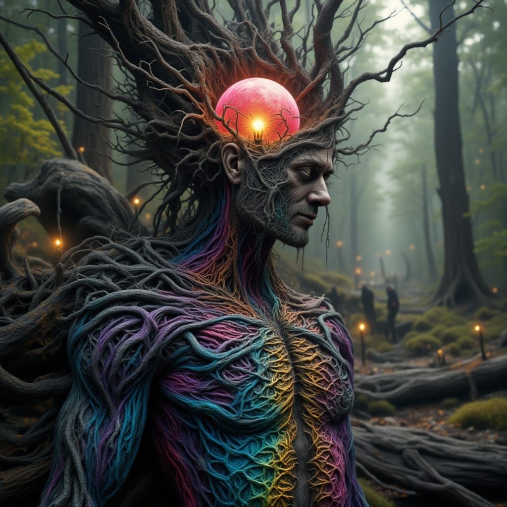 Biomechanical Man Inside Lightbulb, Fractal Face, Moss Hair