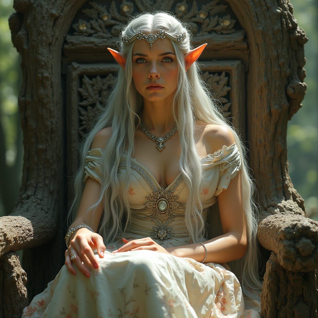 Majestic Elf Queen on Ancient Oak Throne
