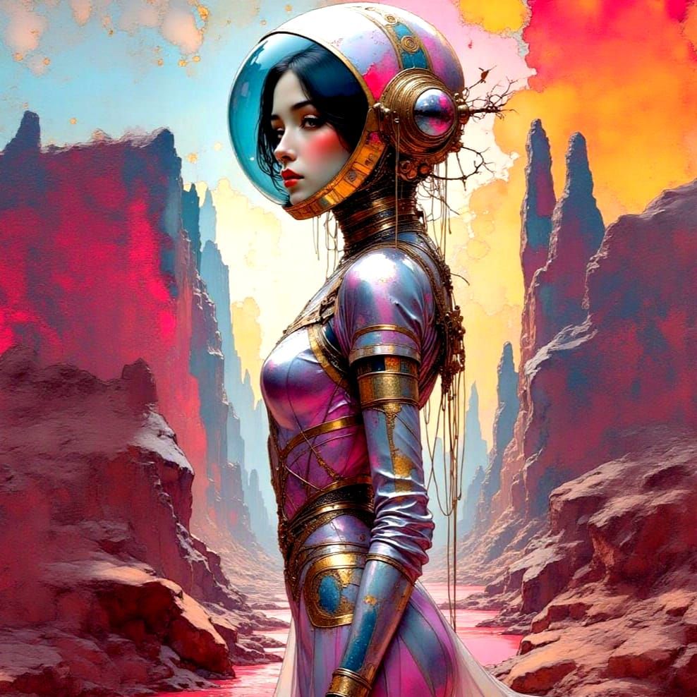 Retro Futuristic Woman in Eerie Alien Landscape