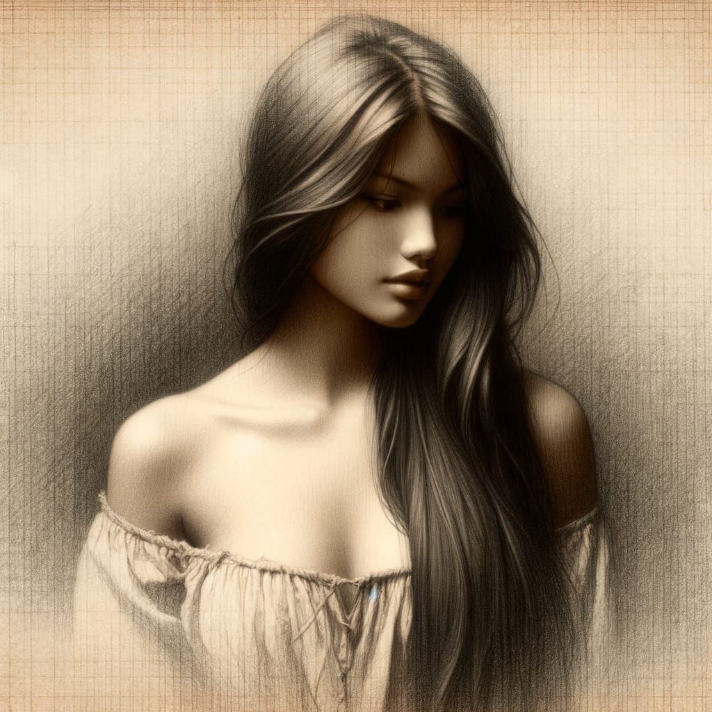 Native American Woman in 19th-Century Pencil Sketch