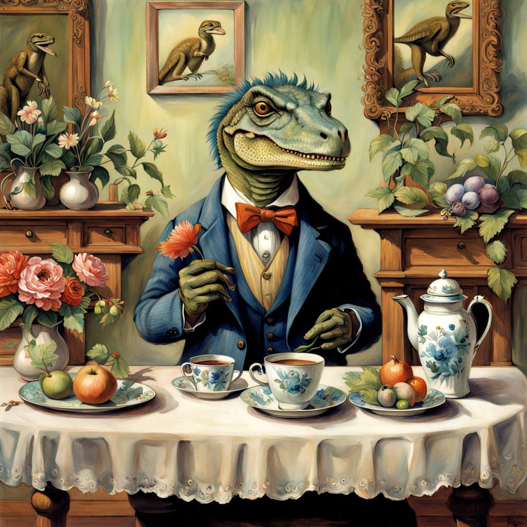 Velociraptor T-Rex in Formal Victorian Attire