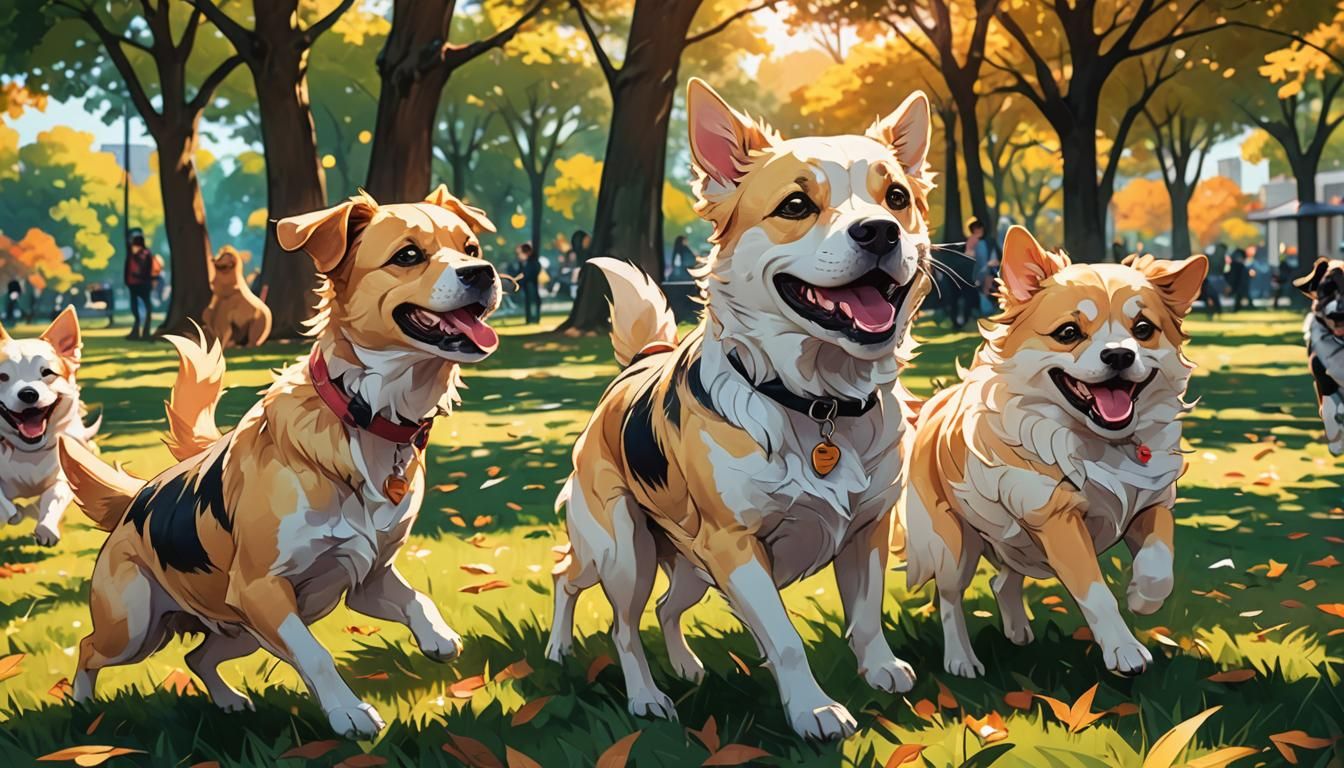 Happy Dogs Playing in Park: Manga Art