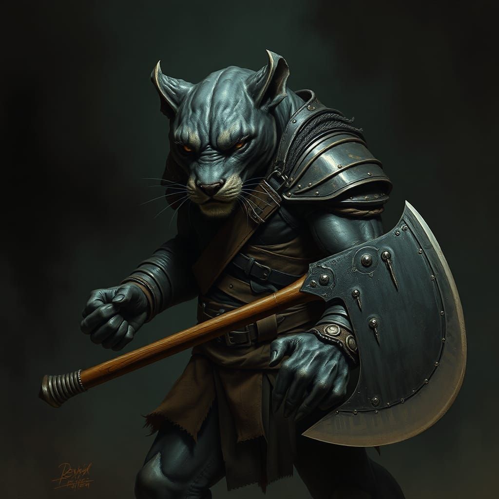 Panther Mutant with Axe in Dark Fantasy Style
