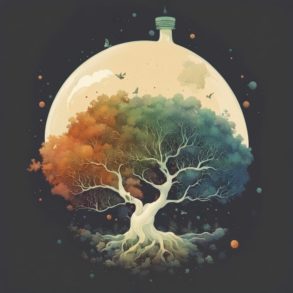 Bioluminescent Bonsai in Nebula, Surreal Fantasy Art