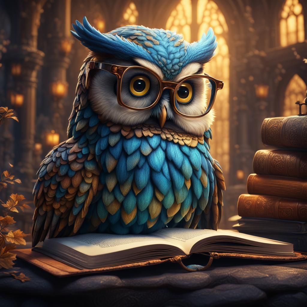 Owl Reading Book: Detailed Fantasy Art