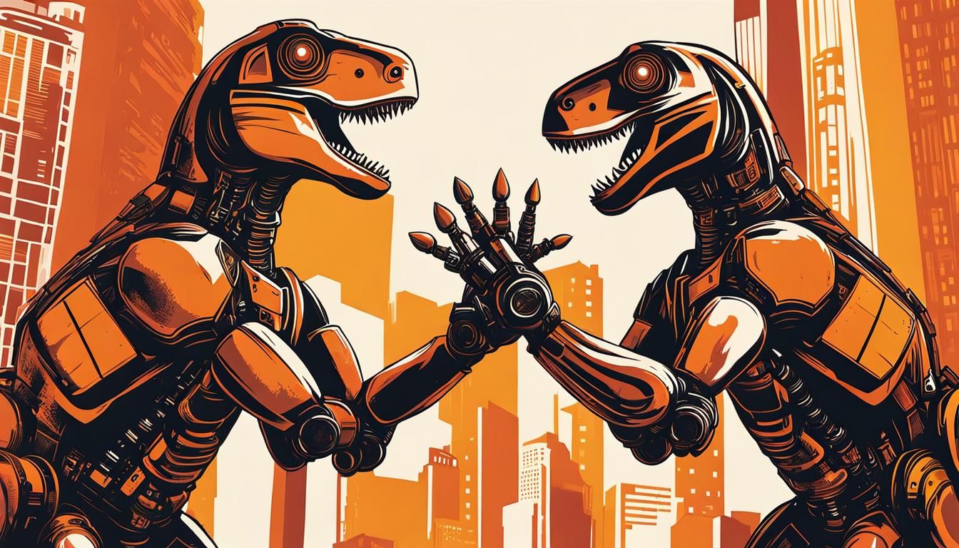 Whimsical Ink Poster of Two Robot T-Rex High-Fiving