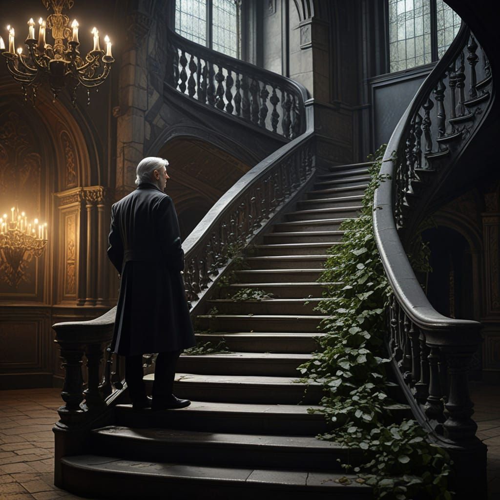 A Skeptical Gentleman Stares Up a Grand Staircase in a Gothi...