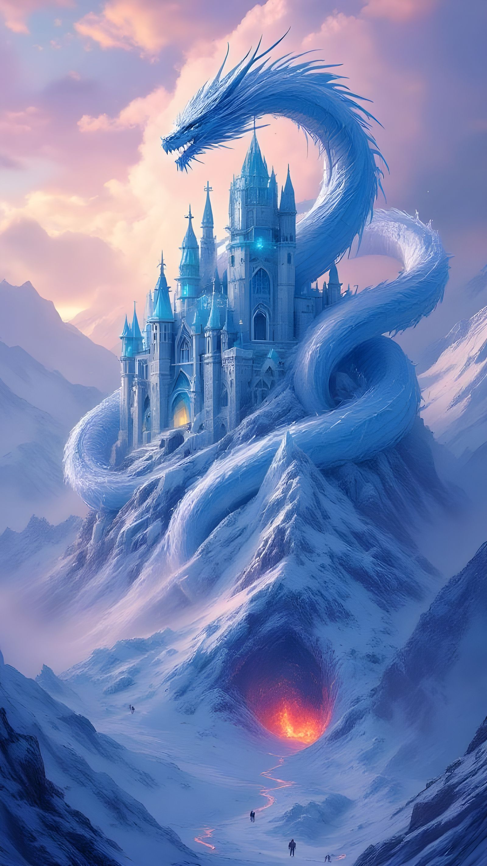Lavender Ice Castle Atop Volcano, Protected by Ice Dragon