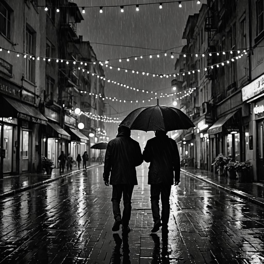 Monochrome Rainy Cityscape with Umbrella and Lights