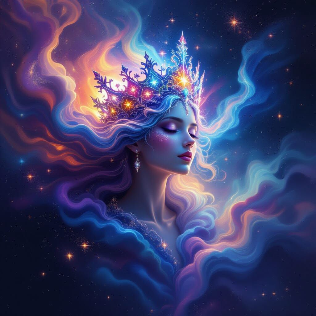 Celestial Being in Cosmic Expanse with Constellation Crown