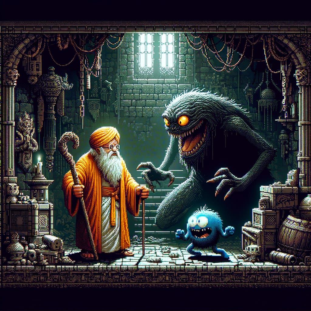 Pixel Art Wizard Confronts Shadowy Dungeon Boss