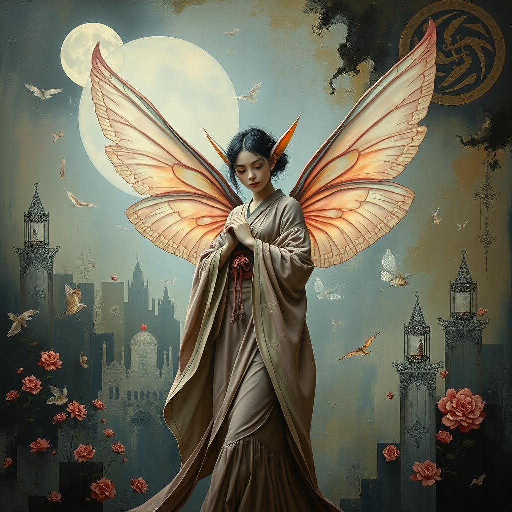 Mournful Fairy Geisha with Glowing Wings as Impasto Painting