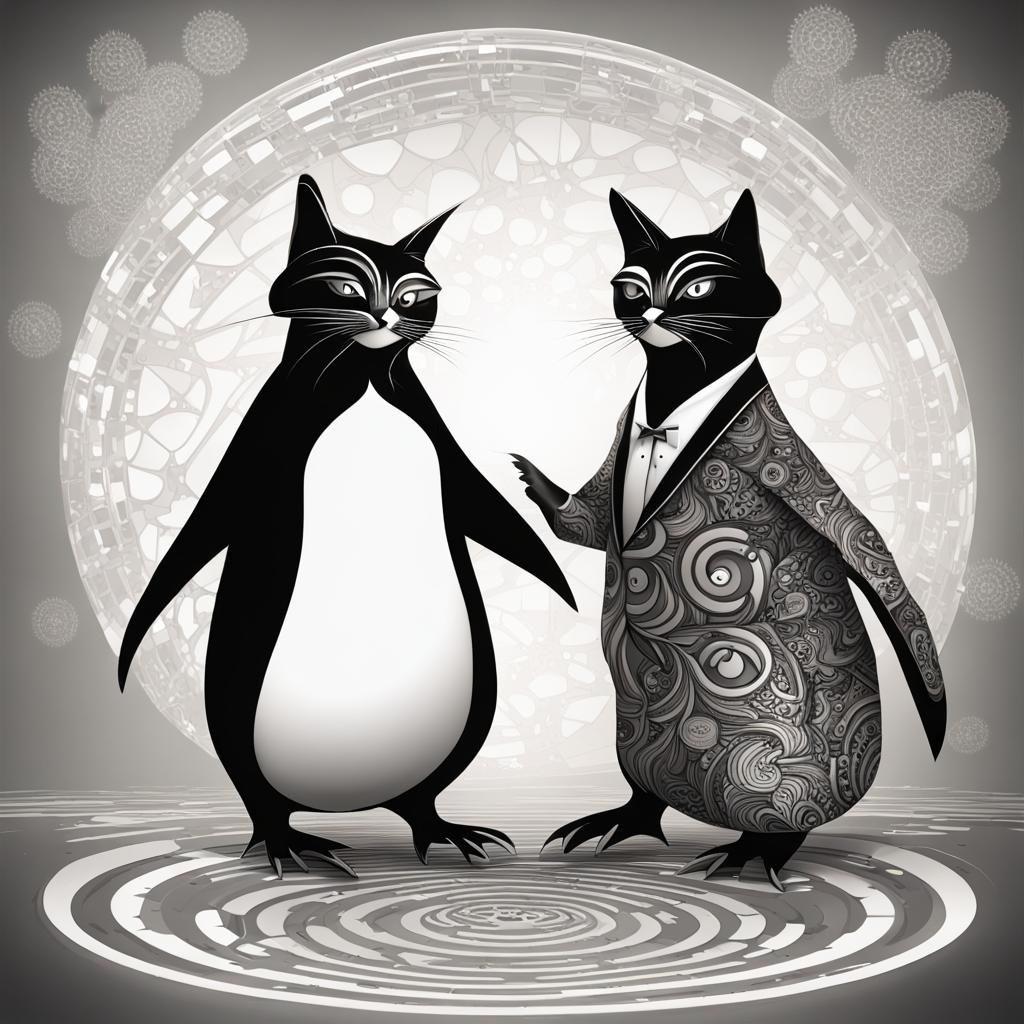 Penguin and Cat Dance in Gothic Jazz Bar