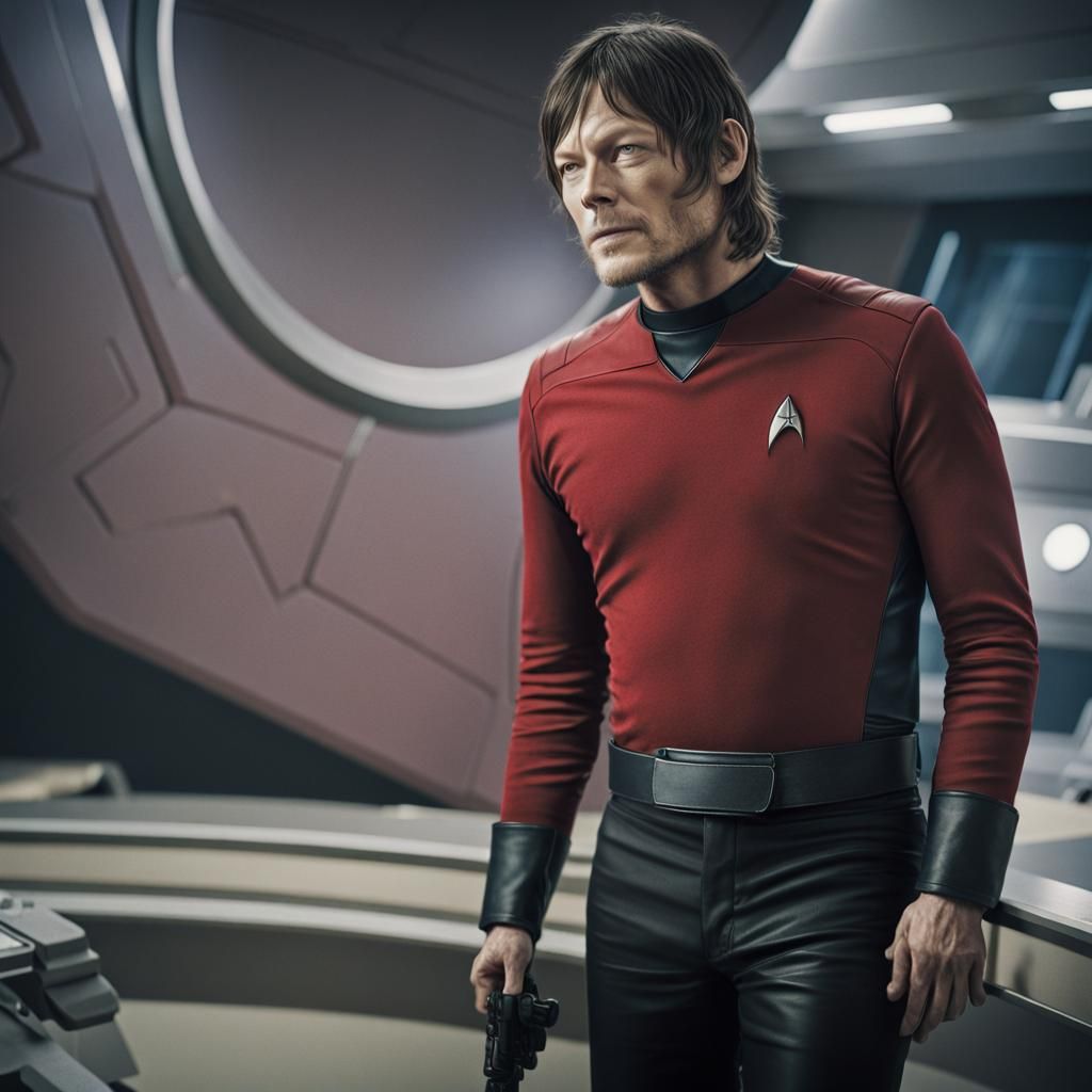 Norman Reedus close up Star trek TV still as a USS Enterprise Star Fleet Security officer in red shirt, black pants, lea...