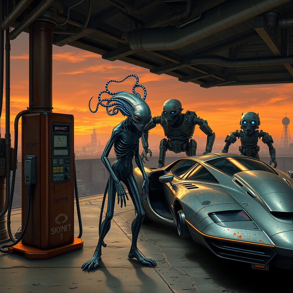 Solarpunk Alien at Futuristic Fuel Station