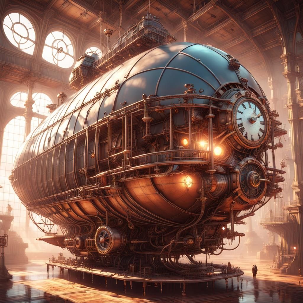 an Aetherpunk airship, combining intricate clockwork mechanisms with ethereal aether crystals, as it embarks on a daring...