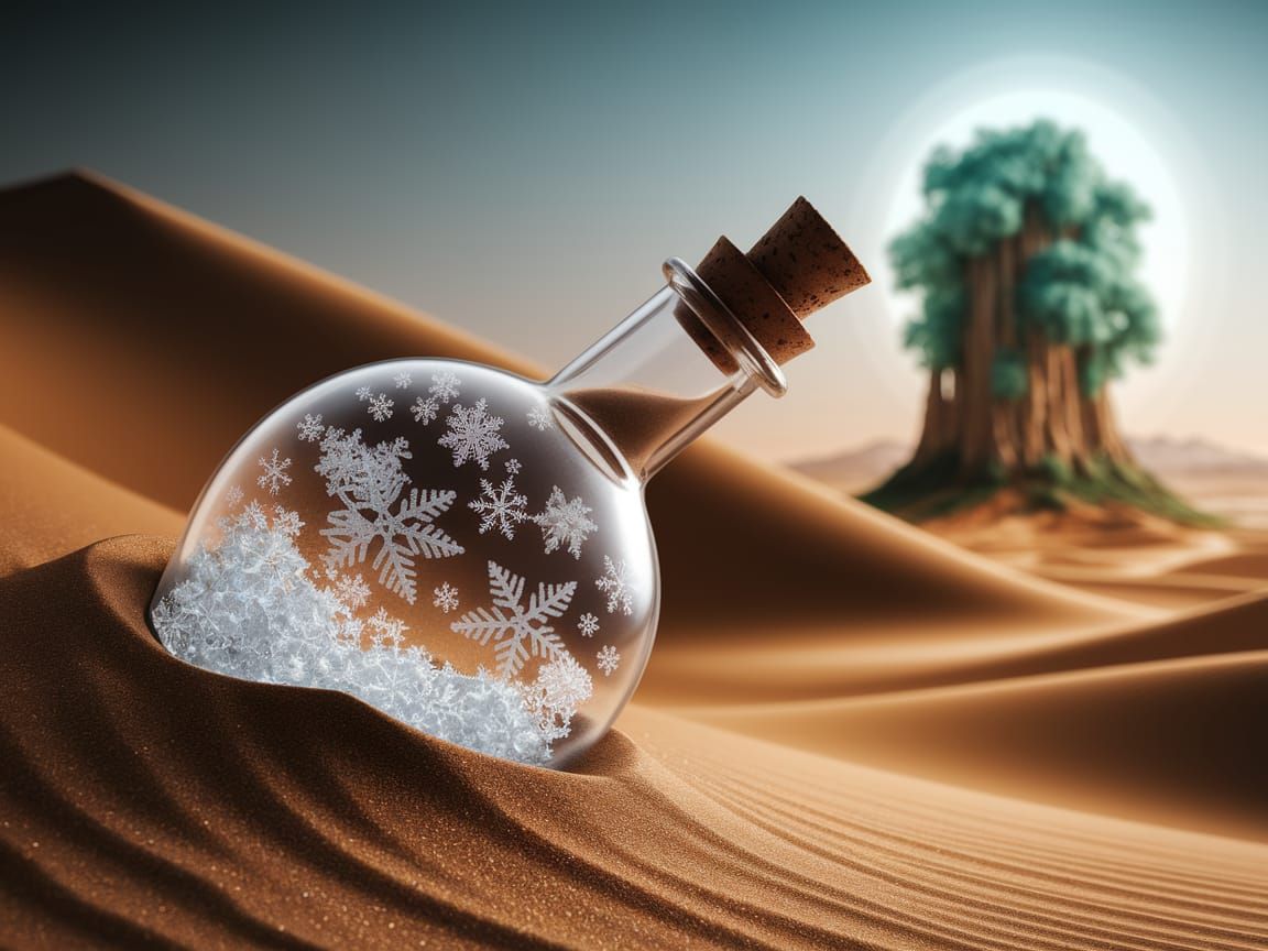 Desert Oasis: A Bottle of Winter in Surreal Art