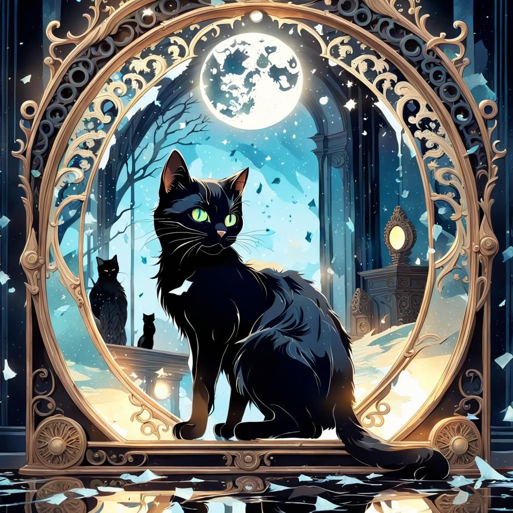 Black Cat and Shattered Mirror in Digital Watercolor