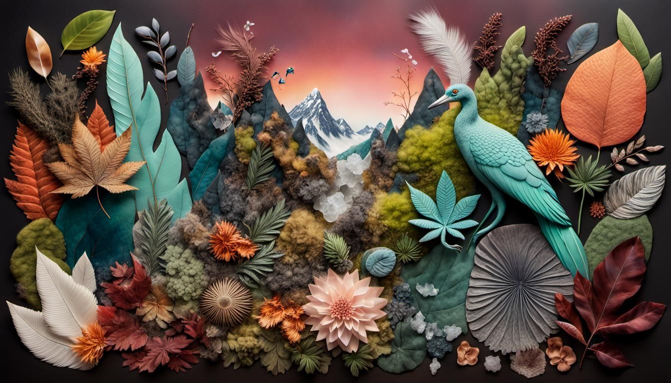 Surreal Collage of Nature's Textures in Detailed Matte Style