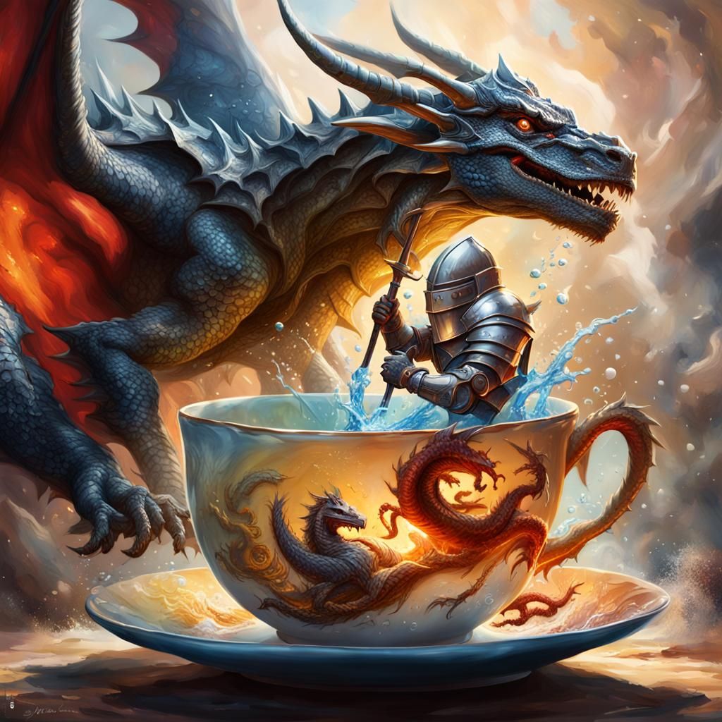 Knight and Dragon Duel in Teacup, Hyperrealistic Splash Art