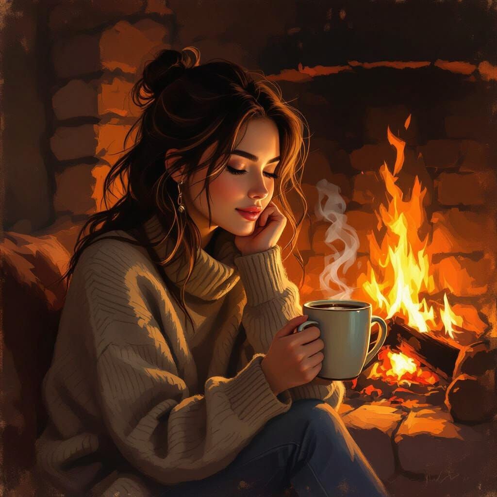 Cozy Evening: Woman by Fireplace with Coffee