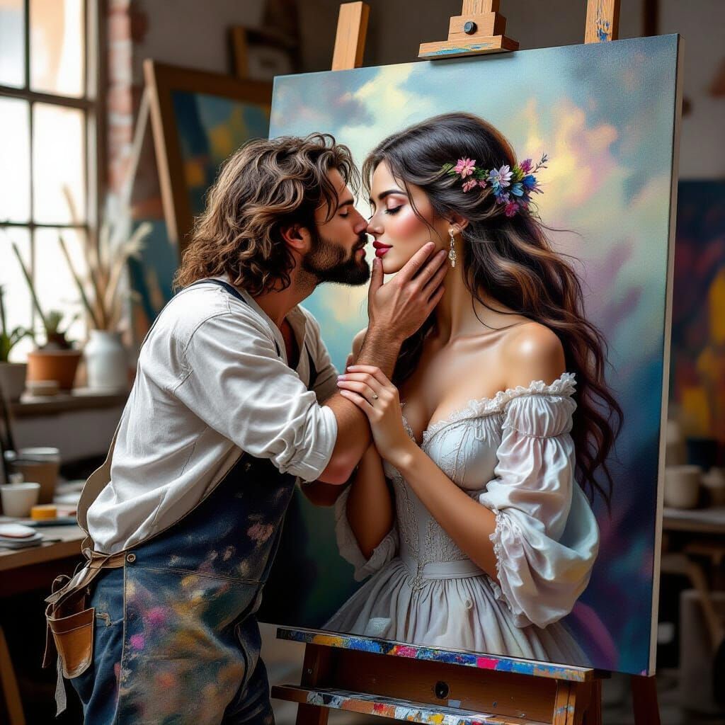 Painter Embraces Woman Emerging From Canvas