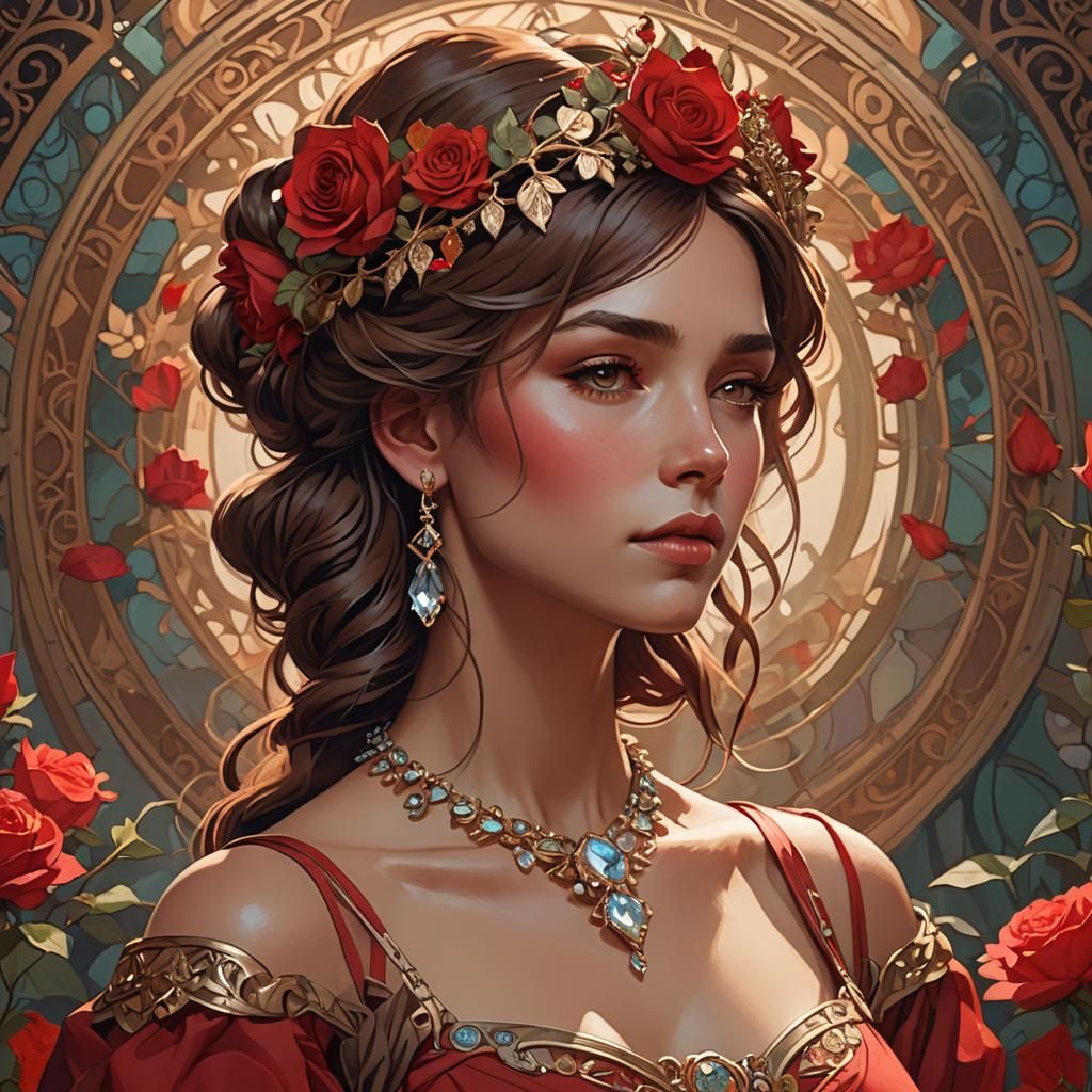 Elegant Woman with Rose Crown in Art Nouveau Style
