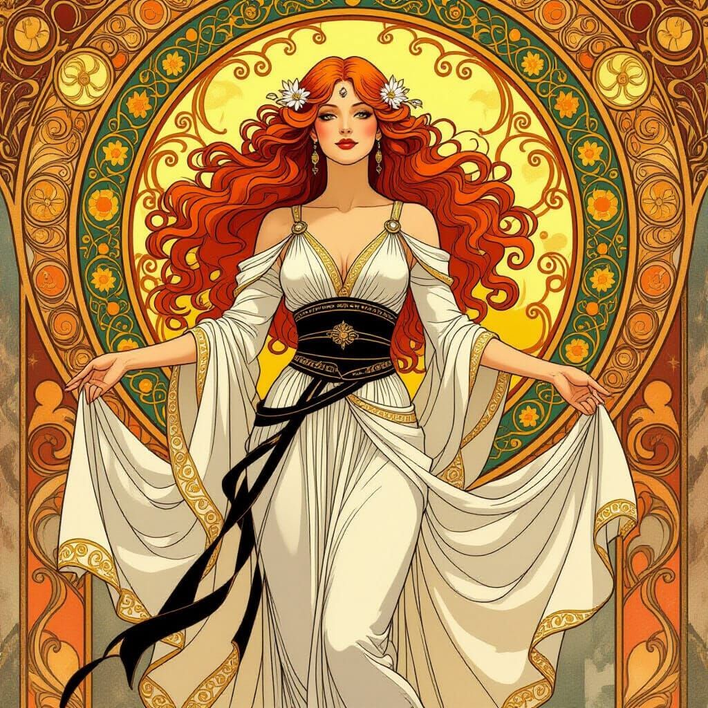 Sun Goddess with Red Hair in Art Nouveau Style