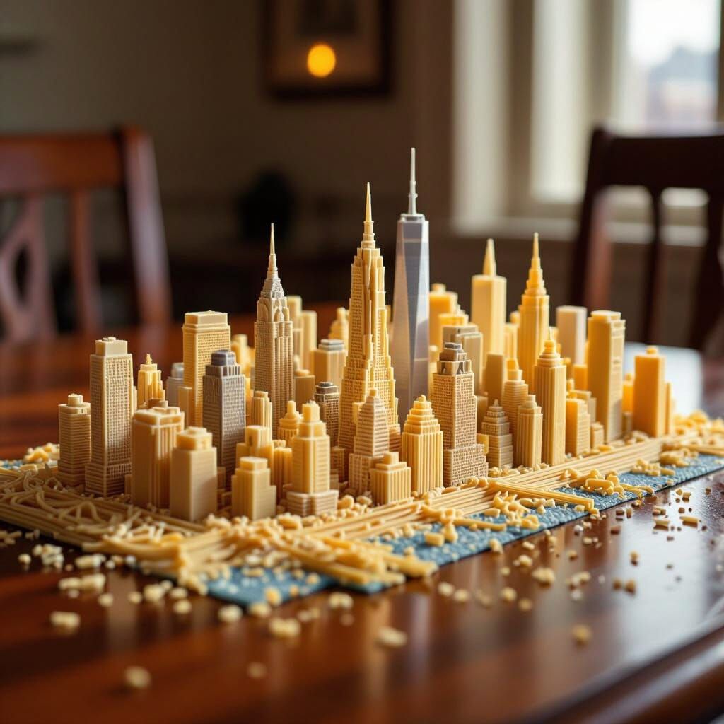 NYC Skyline Made of Pasta on Dinner Table