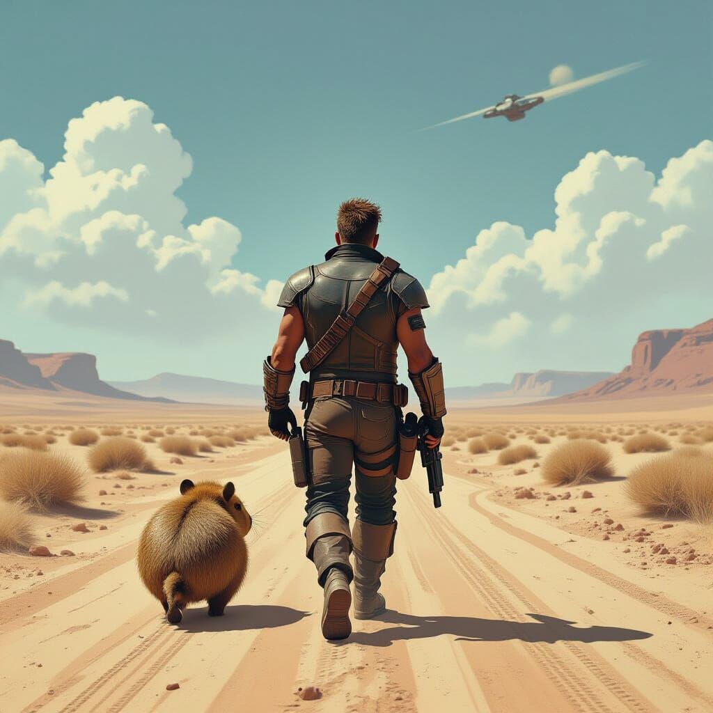 Mad Max and Capybara in Post-Apocalyptic Wasteland