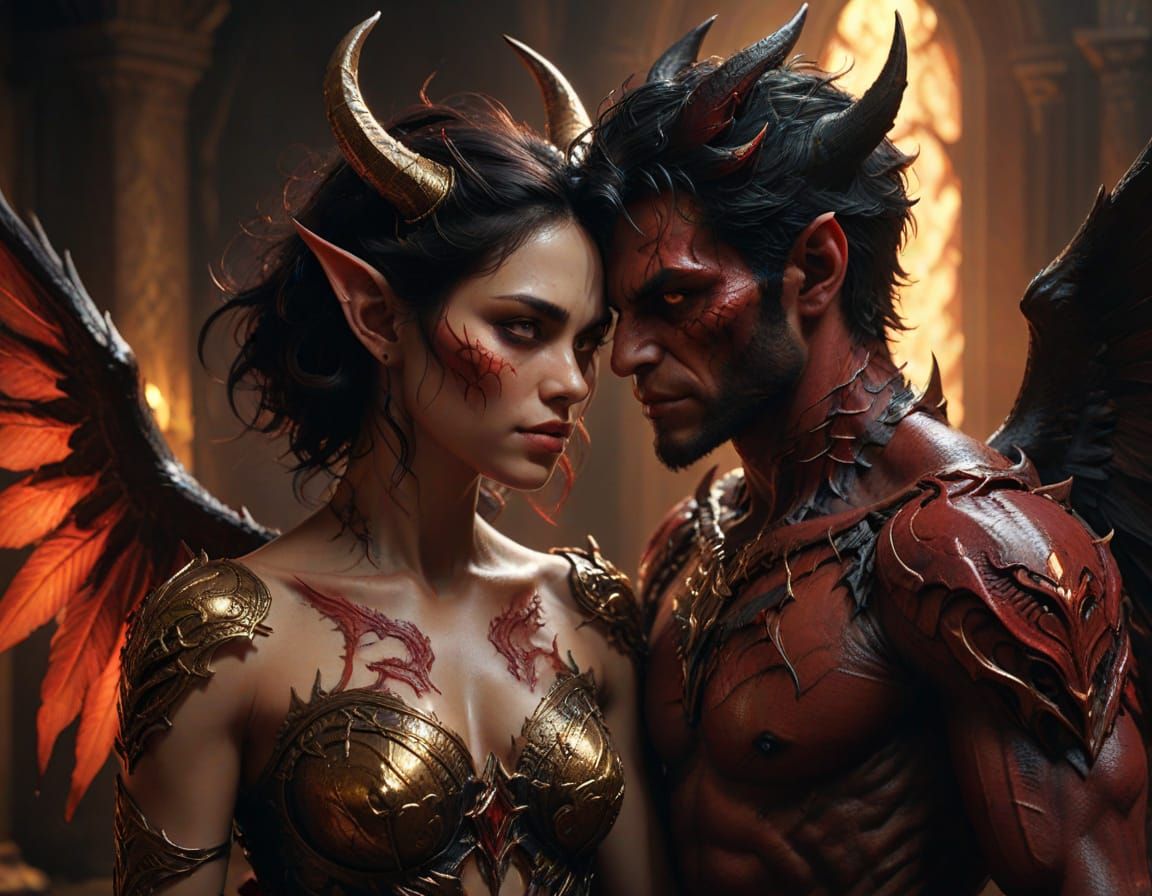 Demonic Couple Embrace in Photorealistic Oil Painting