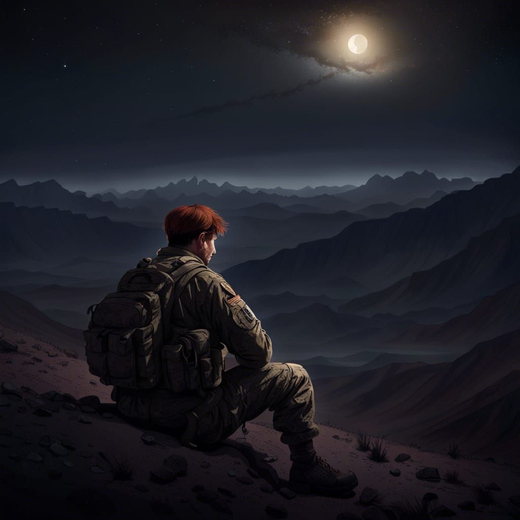Auburn-Haired Soldier Overlooks Afghanistan Desert at Night