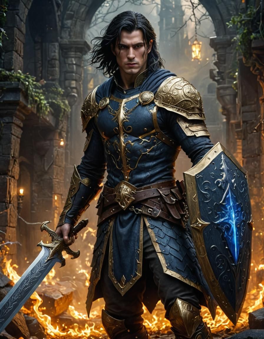 Half-Elf Paladin in Golden Armor: Digital Matte Painting