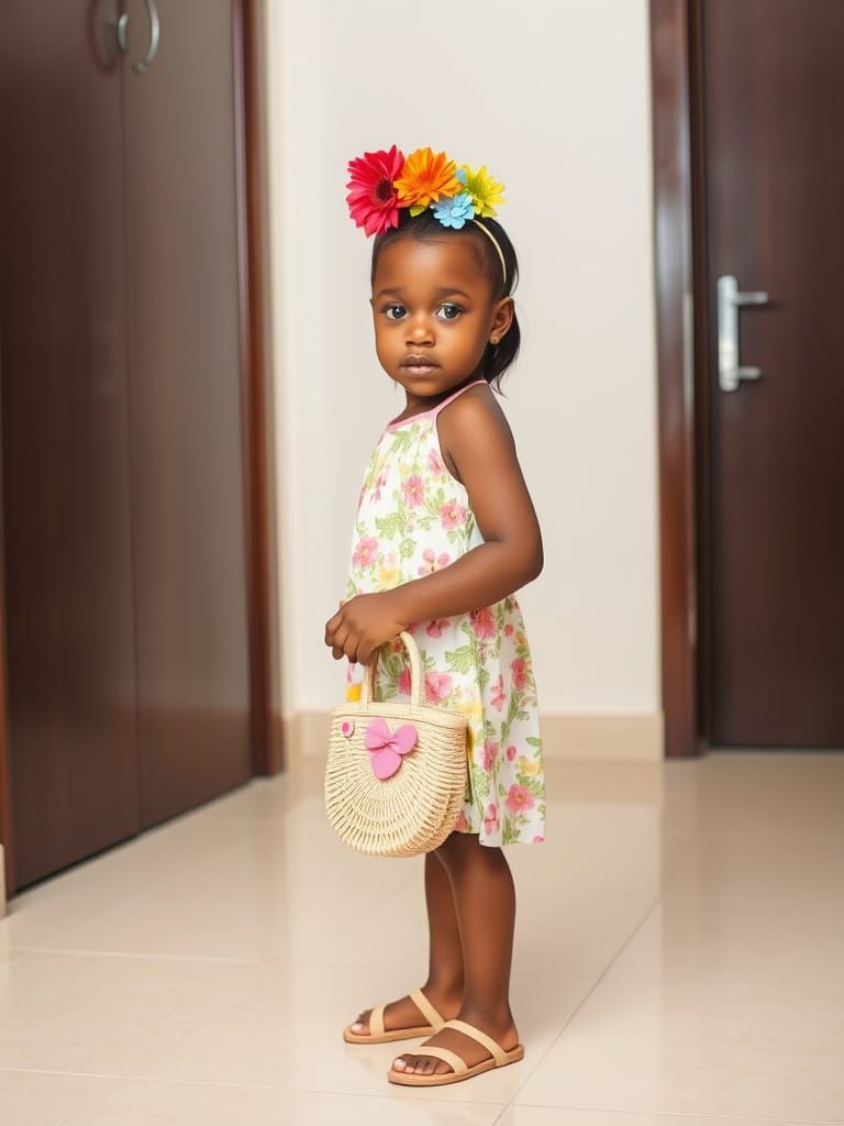 Young Black Girl Poses with Floral Dress and Handbag