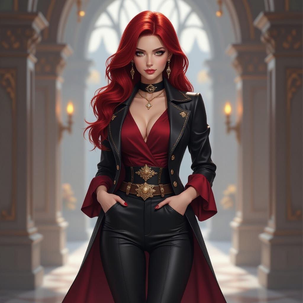 Confident Woman with Red Hair in Fantasy Fashion Style