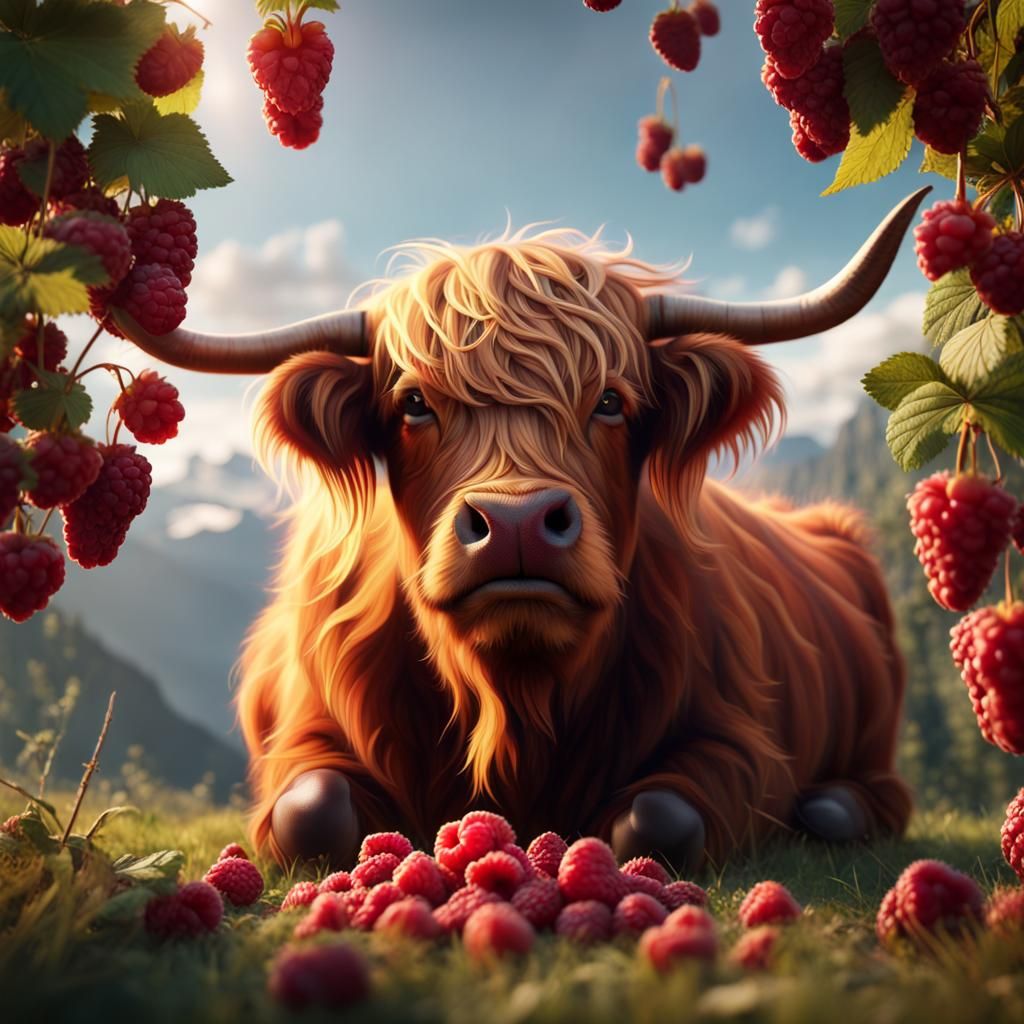 Happy Highland Cow Eating Raspberries