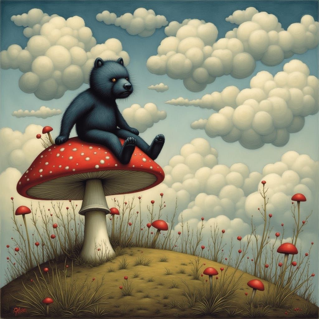 Fuzzy Monster on Giant Mushroom Looking at Clouds