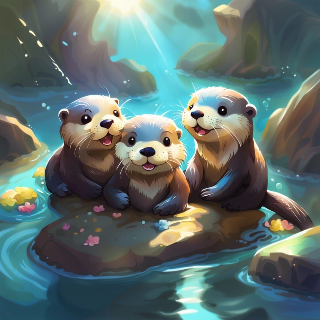 Happy Otters Playing Joyfully in Chibi Style