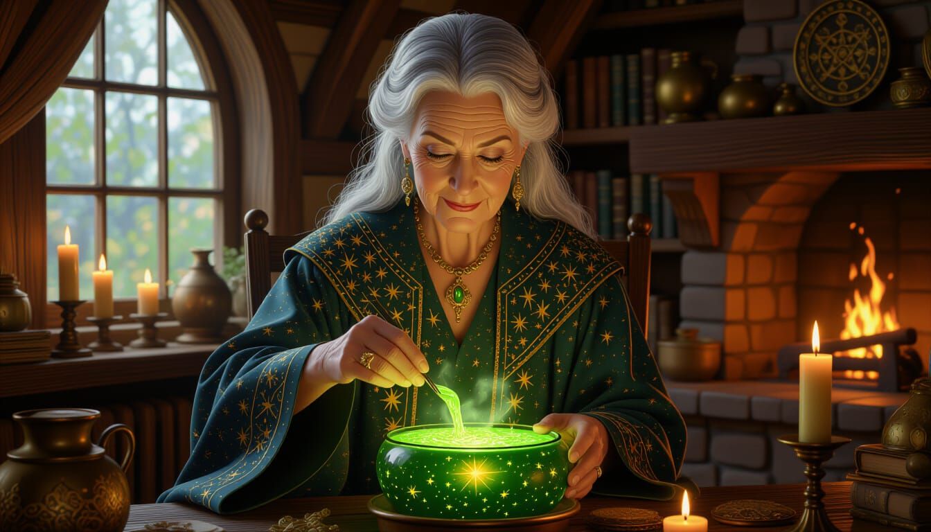 Wise Witch Brewing Magical Potion in Enchanted Cottage