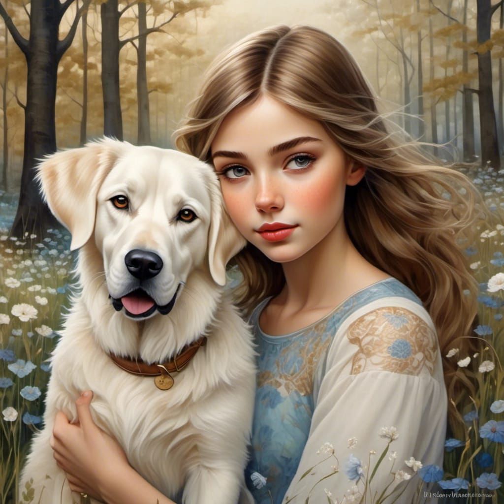 Girl and Labrador in Park, Art Brut Style