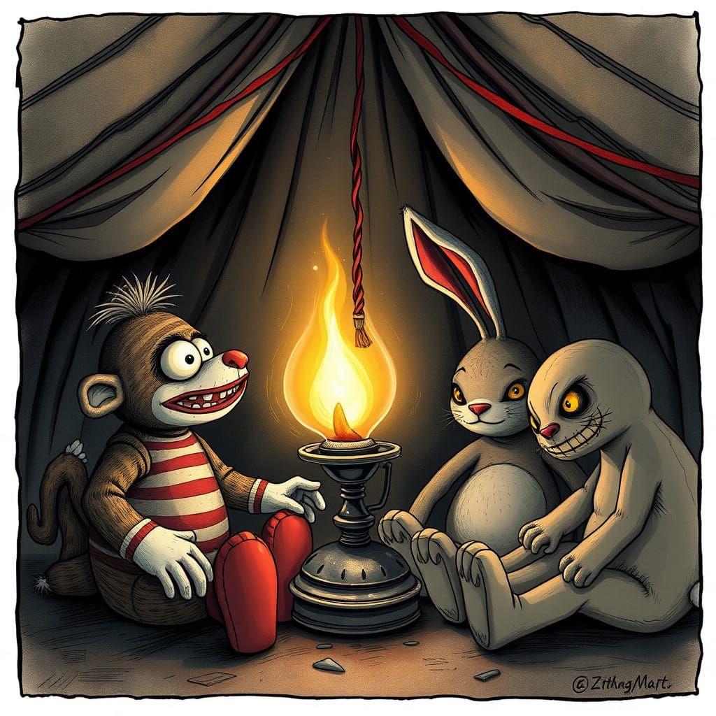 Evil Stuffed Animals Plotting in Abandoned Carnival Tent
