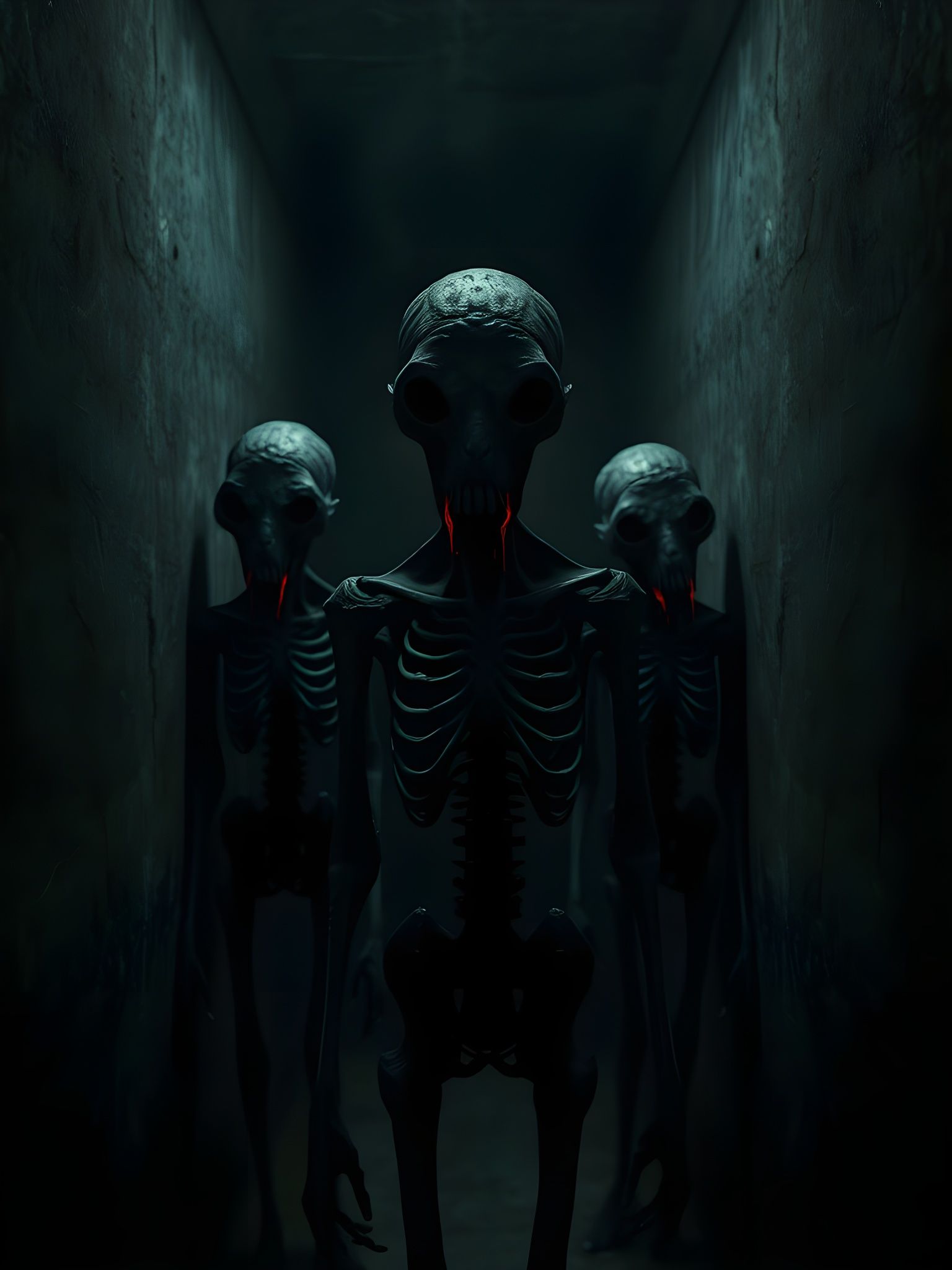 Chilling Faceless Entities in Dimly Lit Hallway